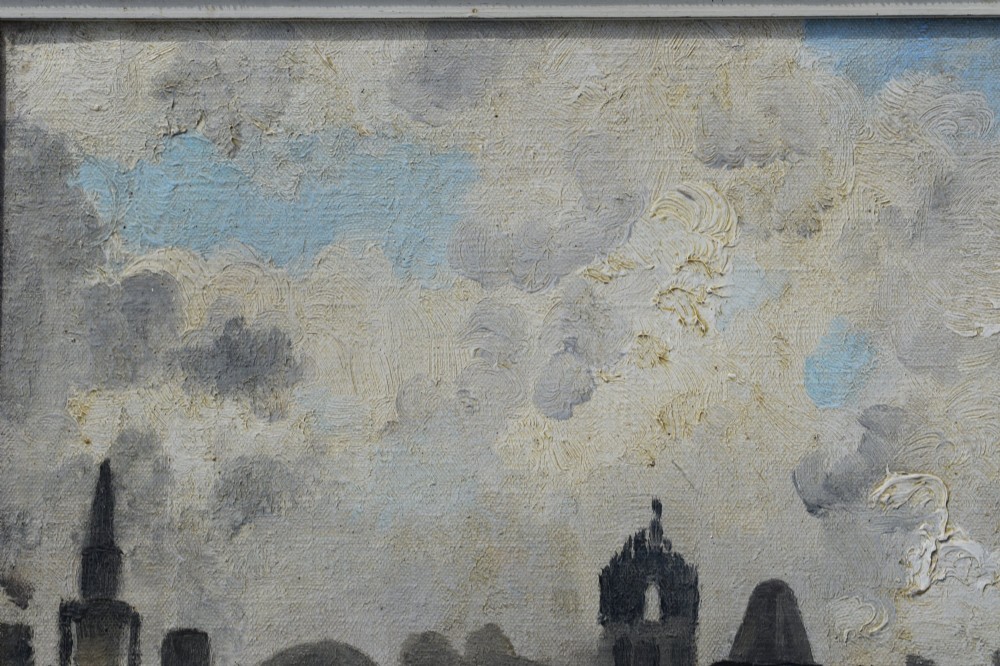 A framed modernist oil painting on canvas depicting an urban cityscape with architectural spires, a bridge, and cloudy sky, signed by artist Jane Simone Bussy. View III