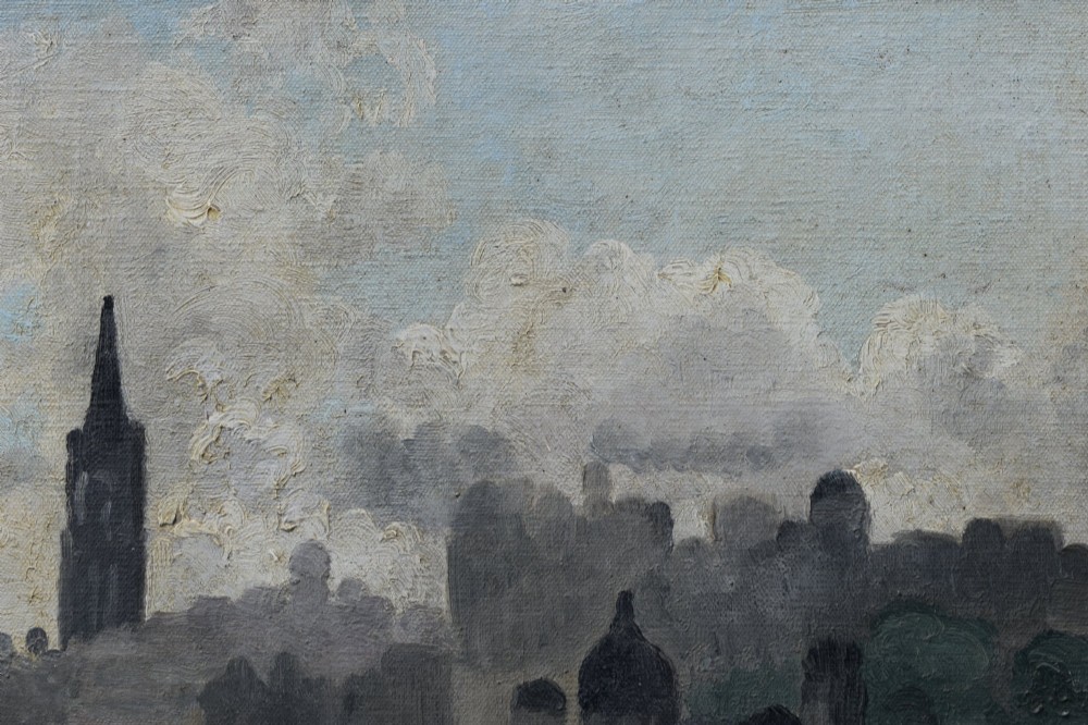A framed modernist oil painting on canvas depicting an urban cityscape with architectural spires, a bridge, and cloudy sky, signed by artist Jane Simone Bussy. View IV