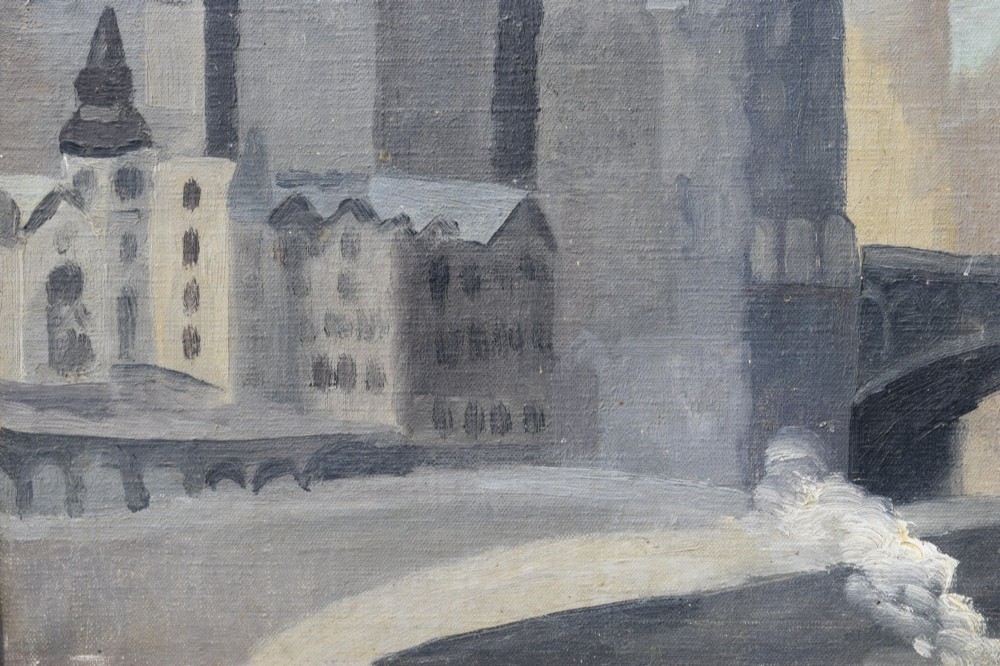 A framed modernist oil painting on canvas depicting an urban cityscape with architectural spires, a bridge, and cloudy sky, signed by artist Jane Simone Bussy. View V