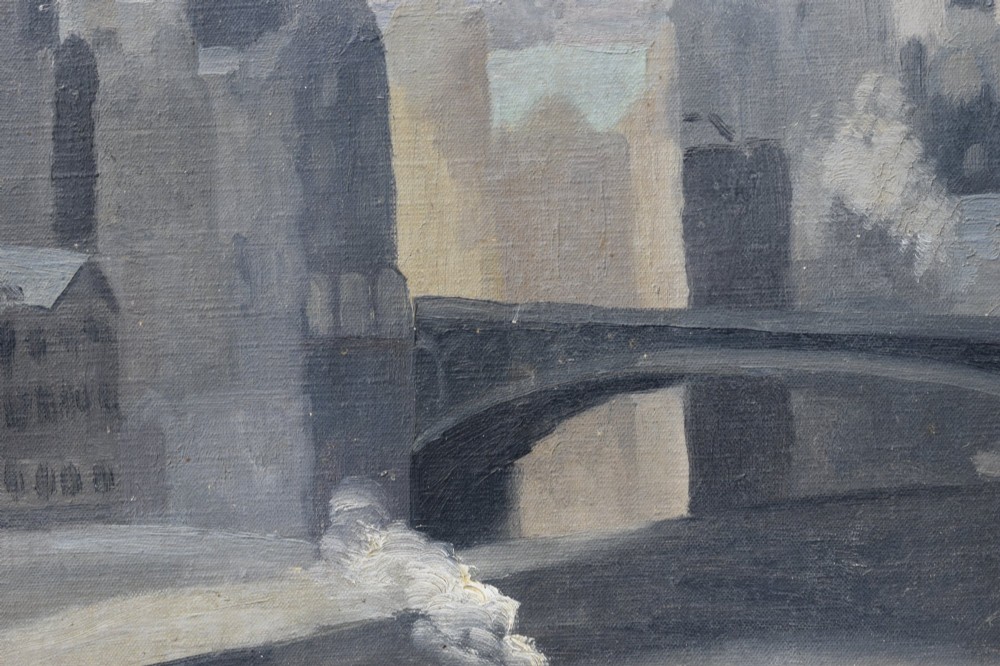 A framed modernist oil painting on canvas depicting an urban cityscape with architectural spires, a bridge, and cloudy sky, signed by artist Jane Simone Bussy. View VI