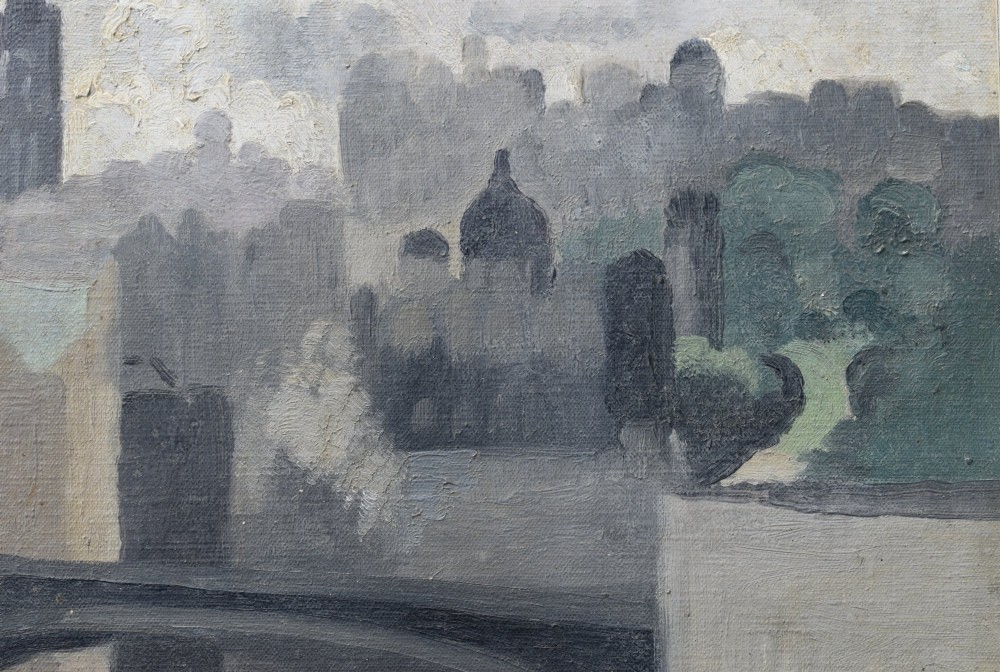A framed modernist oil painting on canvas depicting an urban cityscape with architectural spires, a bridge, and cloudy sky, signed by artist Jane Simone Bussy. View VII