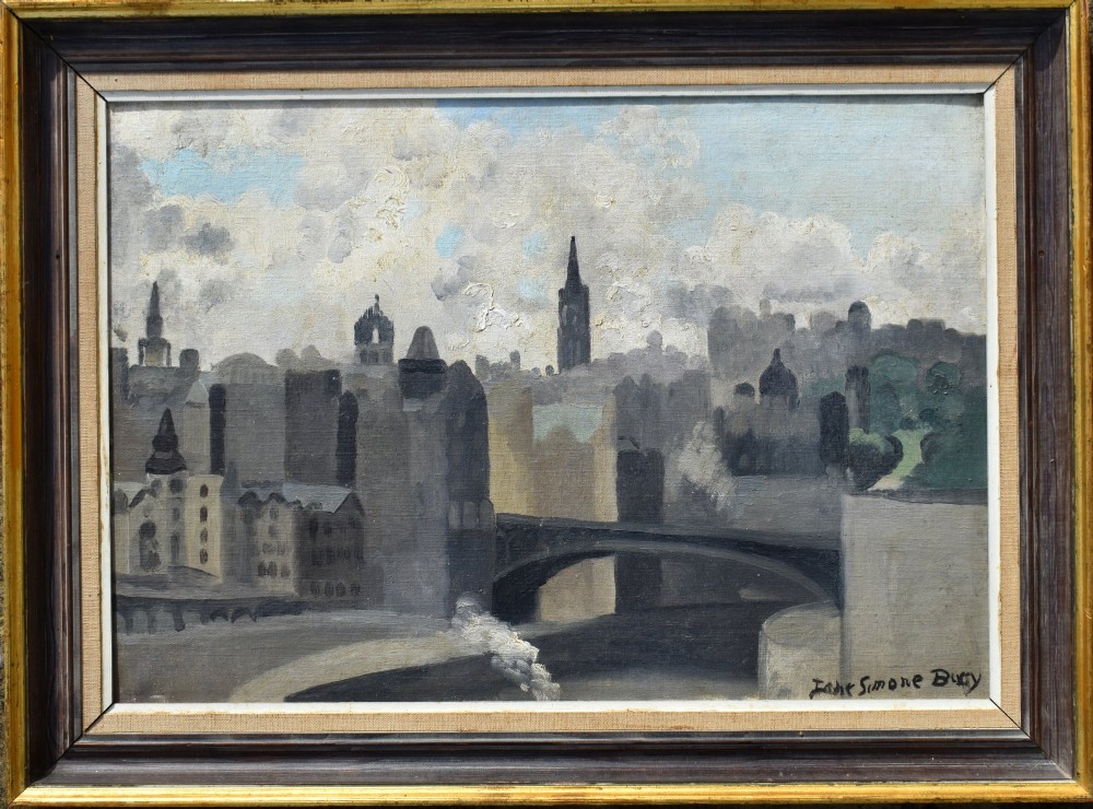 A framed modernist oil painting on canvas depicting an urban cityscape with architectural spires, a bridge, and cloudy sky, signed by artist Jane Simone Bussy. View X