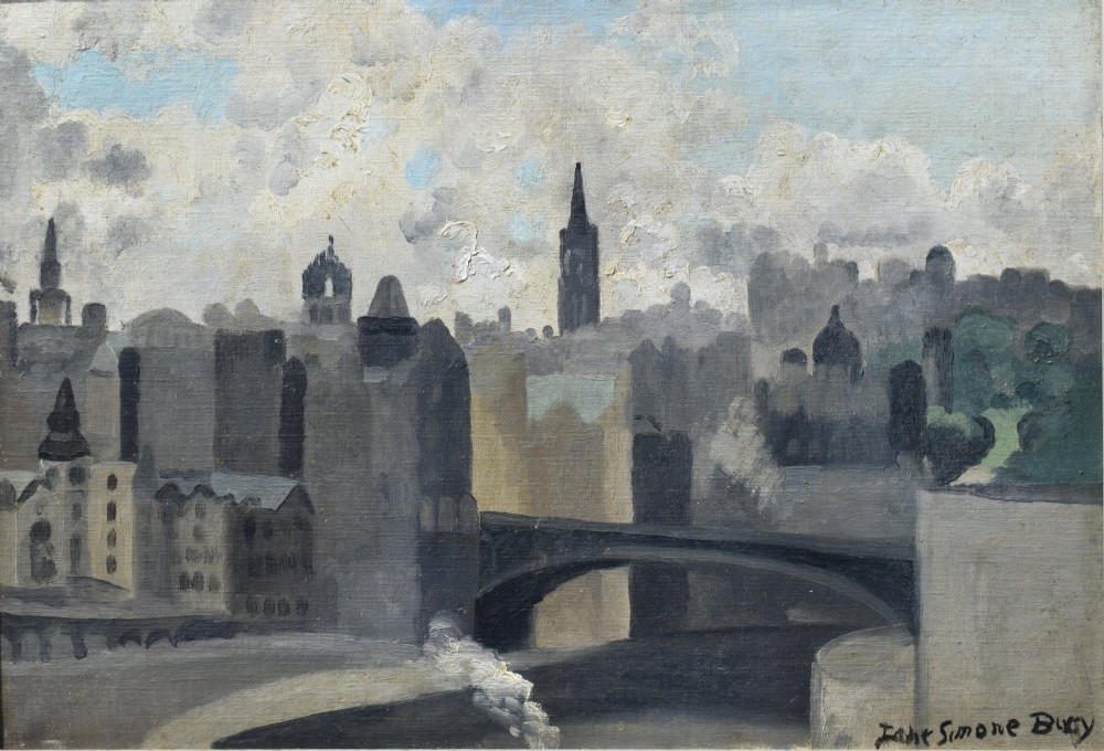 A framed modernist oil painting on canvas depicting an urban cityscape with architectural spires, a bridge, and cloudy sky, signed by artist Jane Simone Bussy. View XI