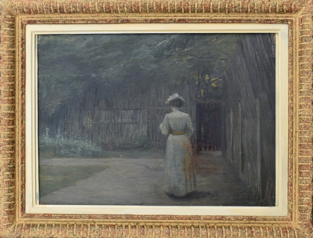 A 19th-century Danish school oil painting depicting a woman in a light dress standing in a garden setting, presented in a textured moulded frame.