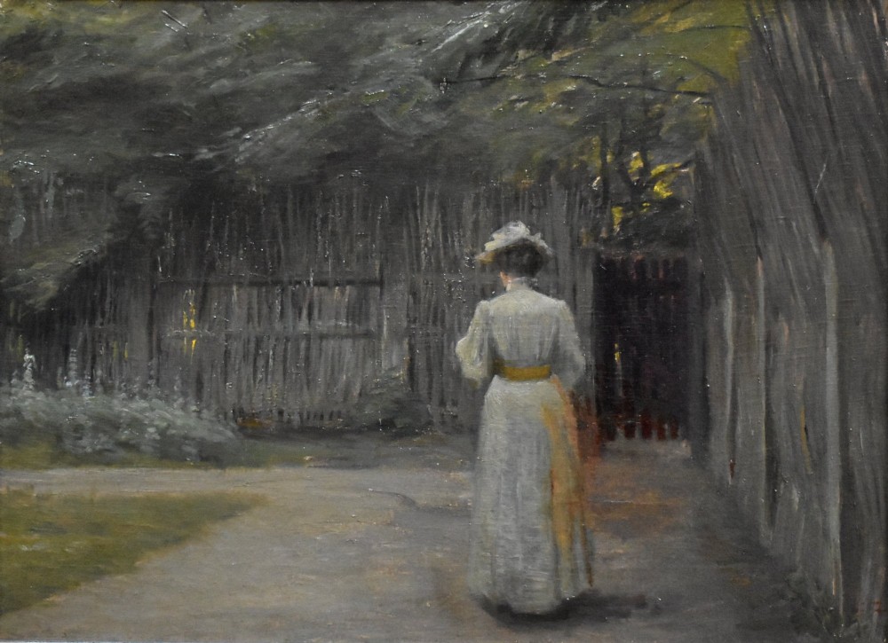 A 19th-century Danish school oil painting depicting a woman in a light dress standing in a garden setting, presented in a textured moulded frame. View II