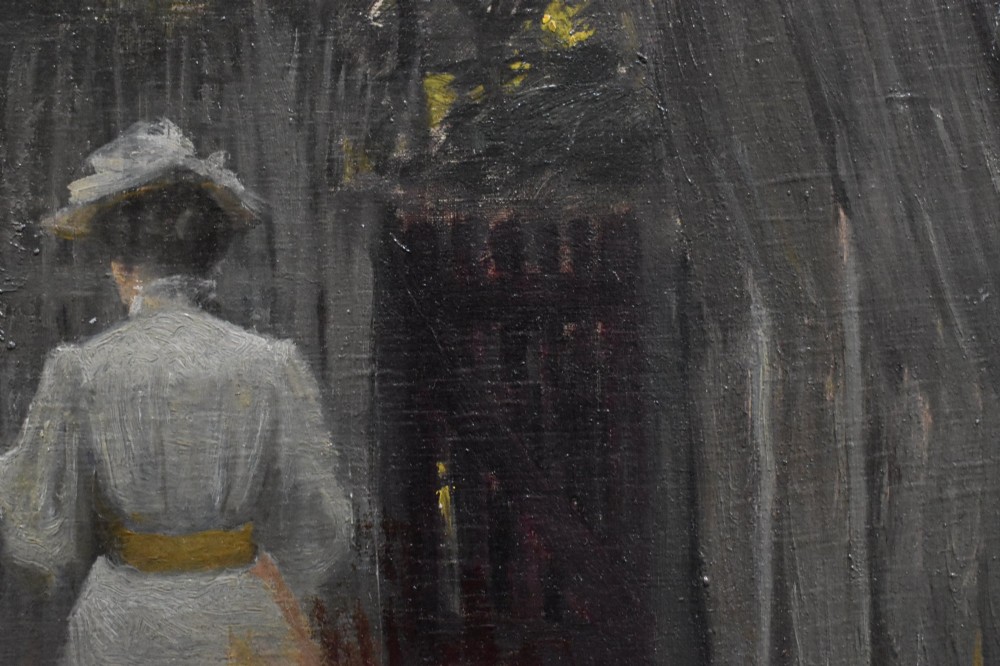 A 19th-century Danish school oil painting depicting a woman in a light dress standing in a garden setting, presented in a textured moulded frame. View V