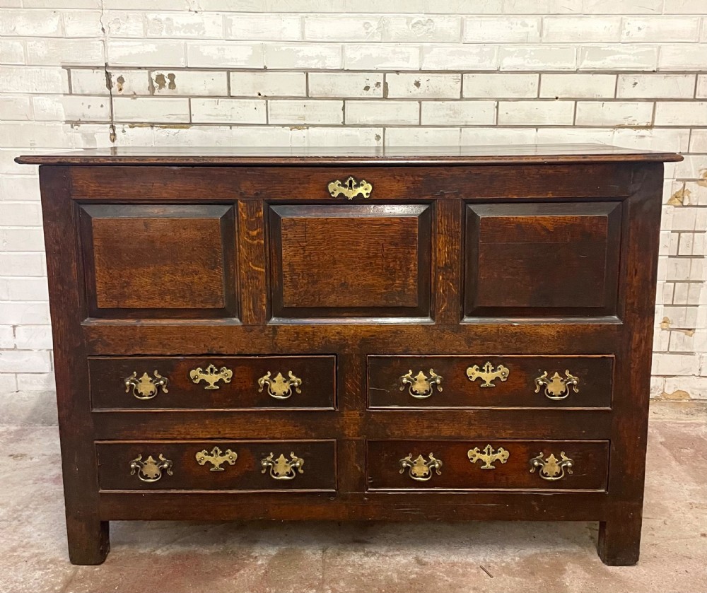 An 18th-century dark oak mule chest featuring three raised front panels above four brass-handled drawers, supported by stile feet. View III