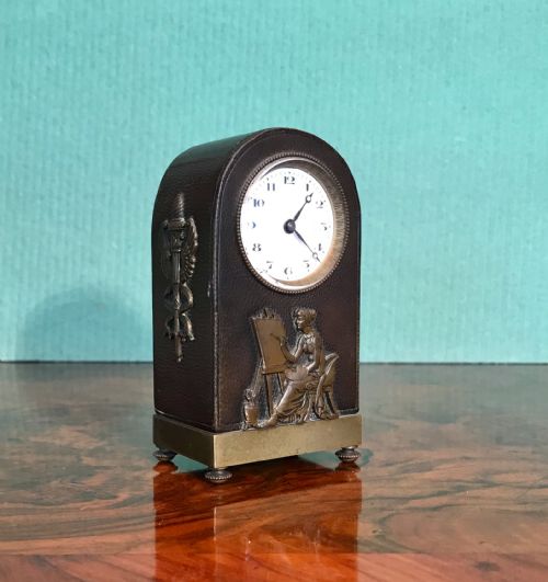 Edwardian  Miniature Morocco and Bronze Timepiece