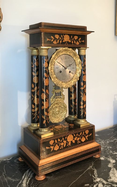 Fine Marquetry Inlaid Portico Clock Circa 1890