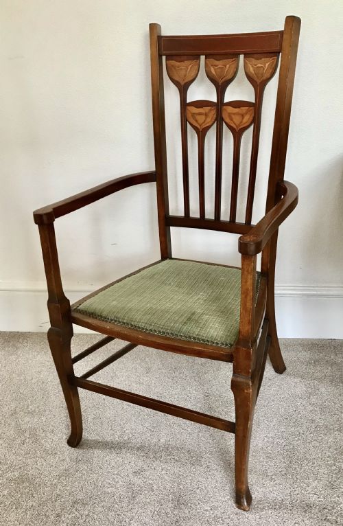 Art Nouveau Marquetry Decorated Elbow Chair, Arts and Crafts. Carver Chair