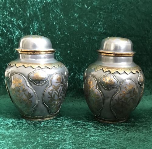 A Pair of Unusual Metal Inlaid Oriental Vases Circa 1880