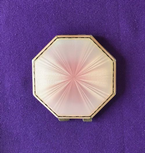 Silver Powder Box, Compact, with Pink Guilloche  Hexagon Hinged Lid Circa 1928