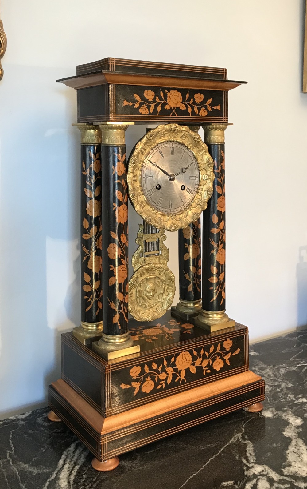 Fine marquetry inlaid portico clock circa 1890