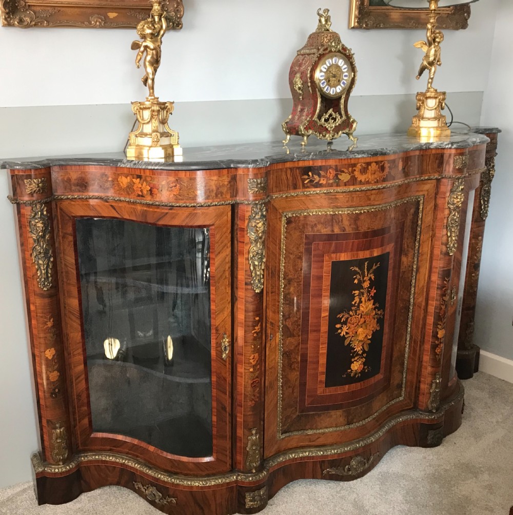 Exceptional quality Victorian marquetry credenza View II