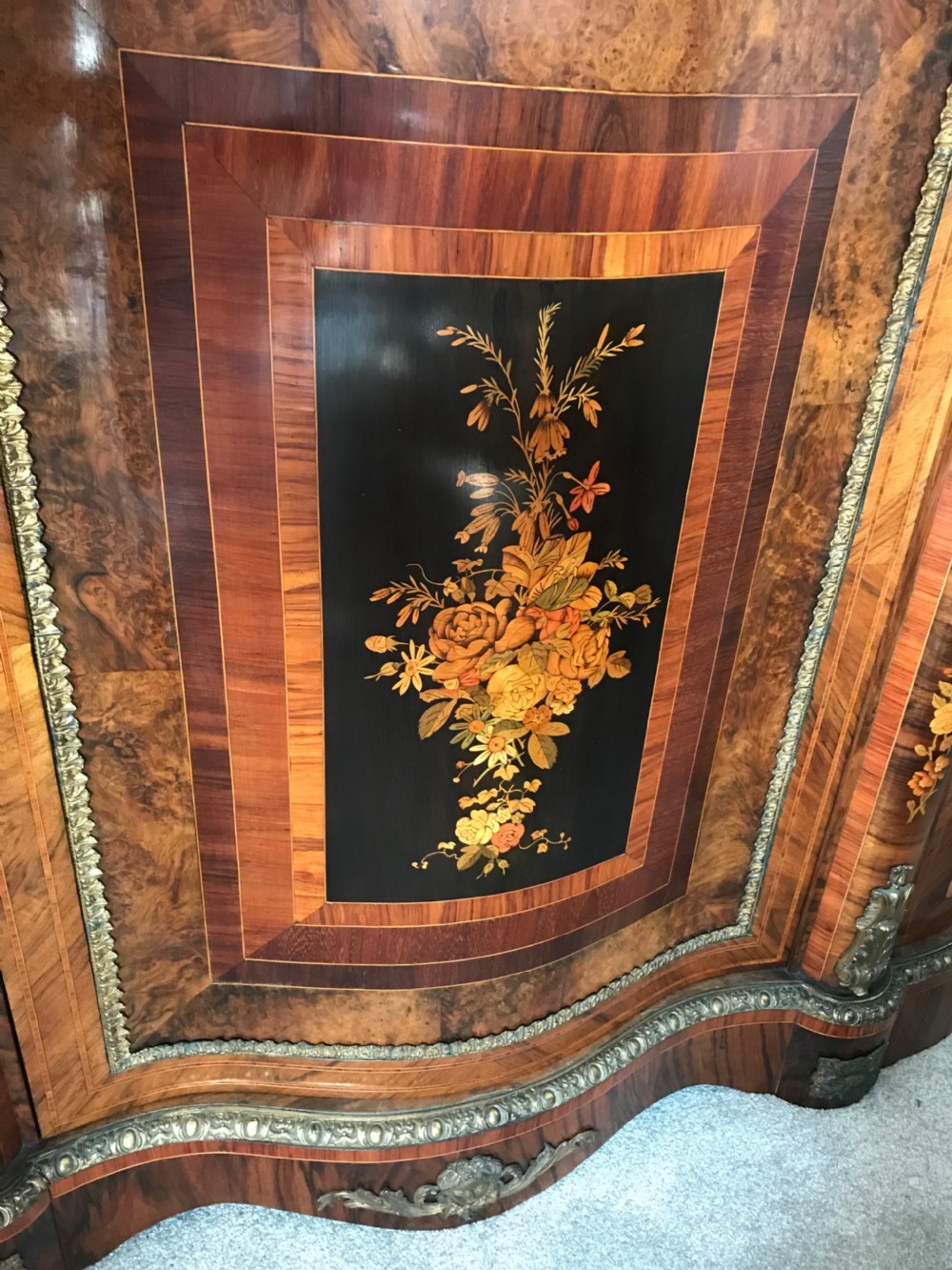Exceptional quality Victorian marquetry credenza View III