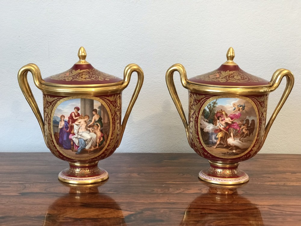 A fine pair of Vienna lidded vases
