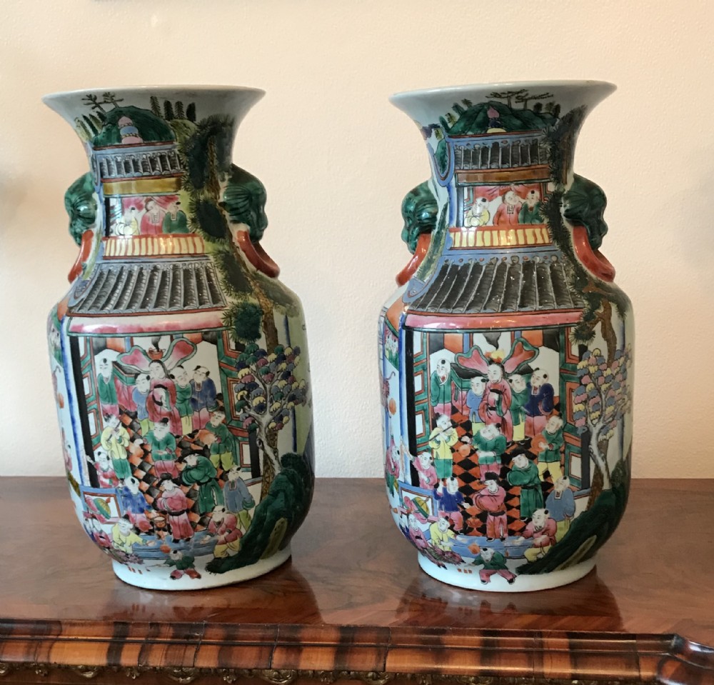 Pair of Cantonese, Famille Rose, Chinese .vases circa 1920 