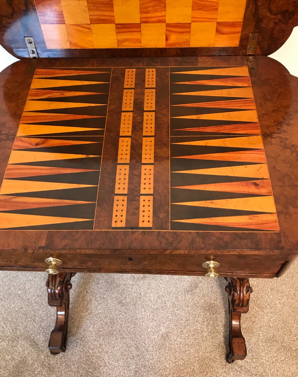 Victorian walnut GAMES table. Work table. circa 1875 View V