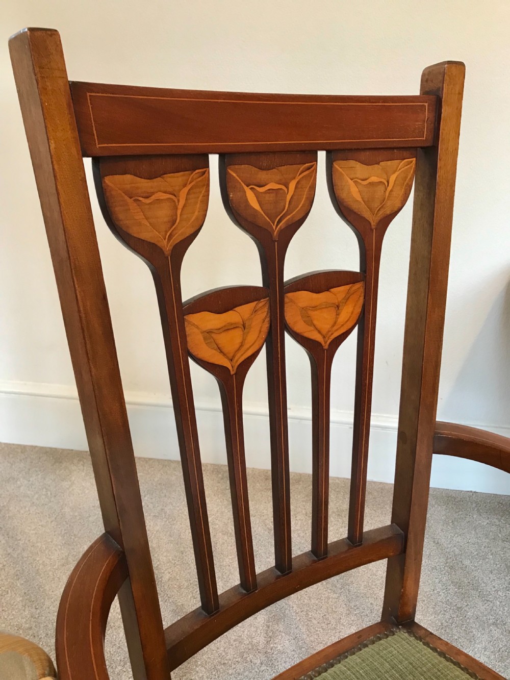 Art Nouveau marquetry decorated elbow chair, arts and crafts. Carver chair View III