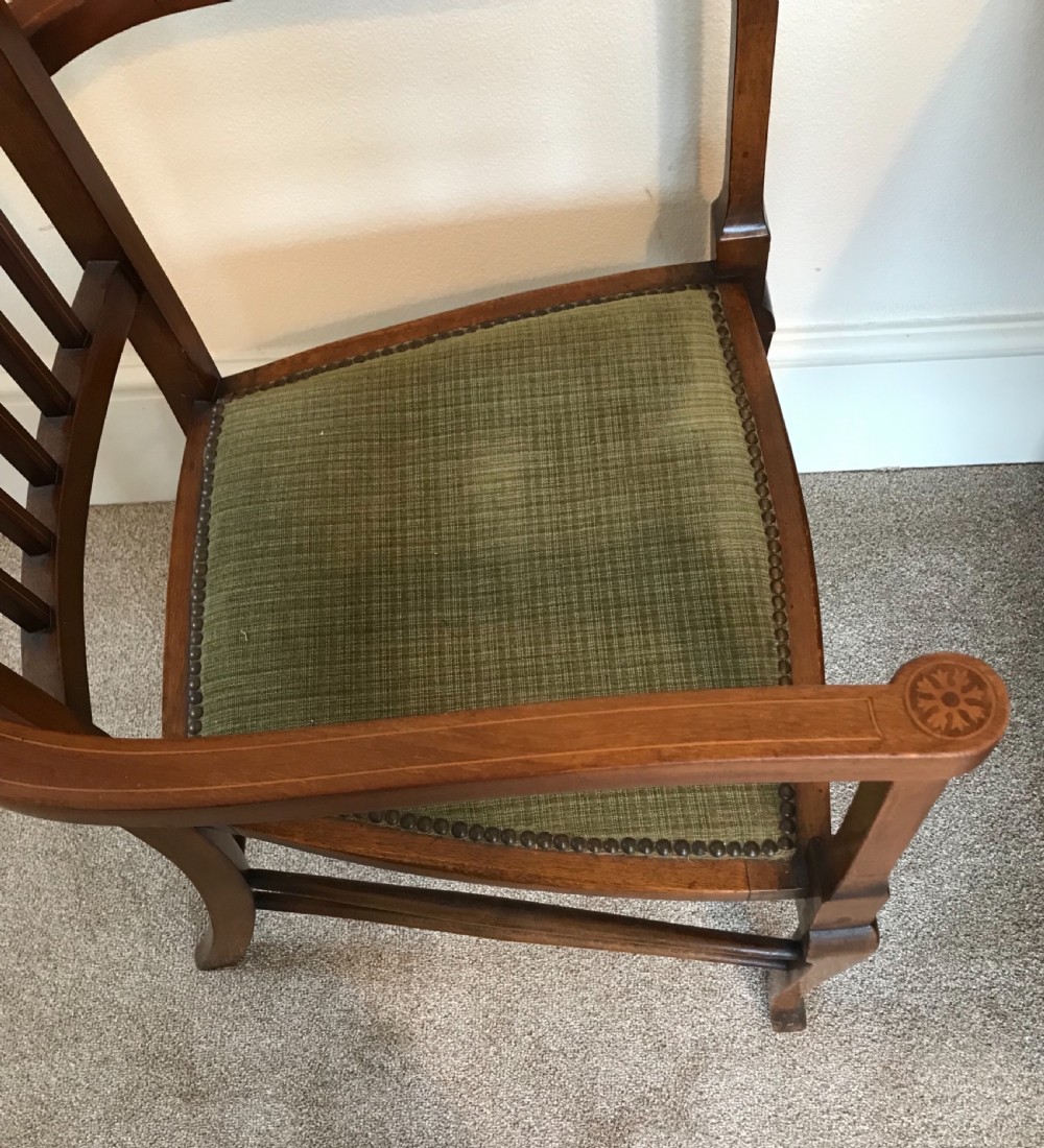 Art Nouveau marquetry decorated elbow chair, arts and crafts. Carver chair View V