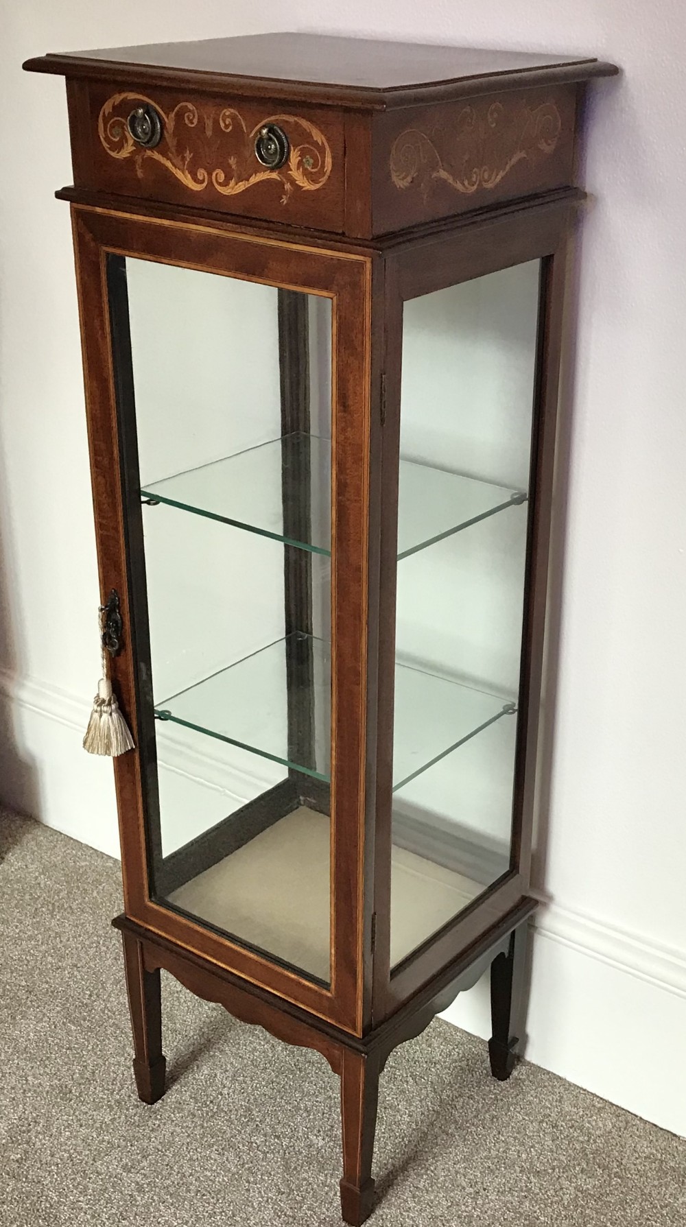 Edwardian inlaid pedestal, vitrine. Display cabinet. circa 1900