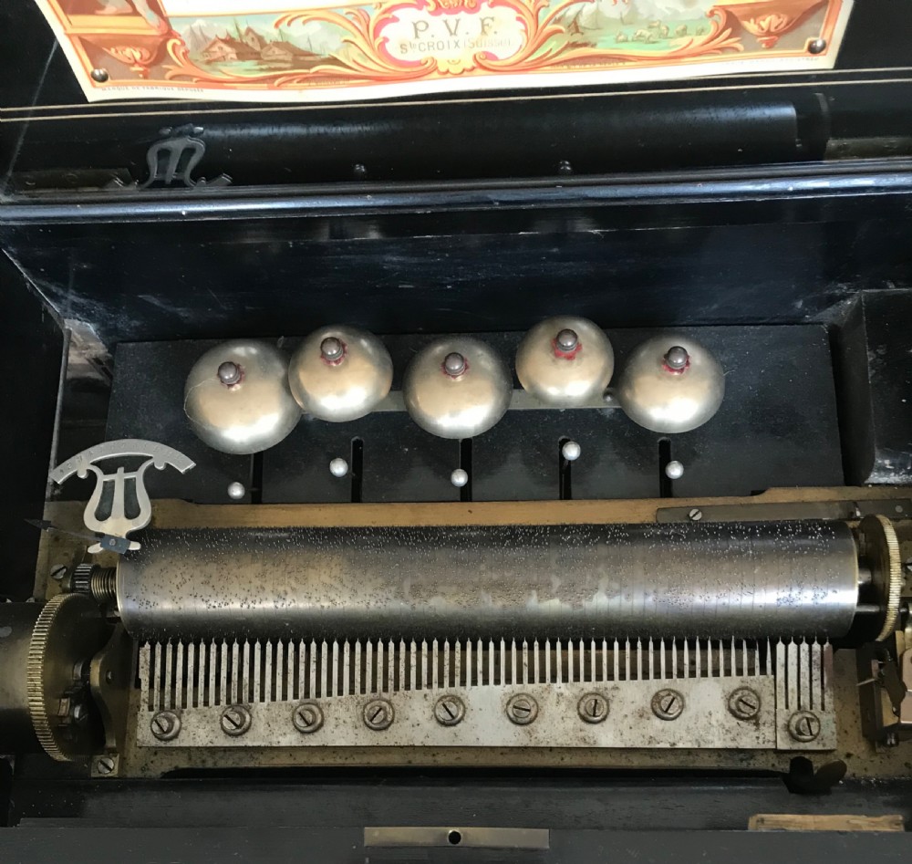 Good and large bells in sight Music Box circa 1880.Musical box. View V