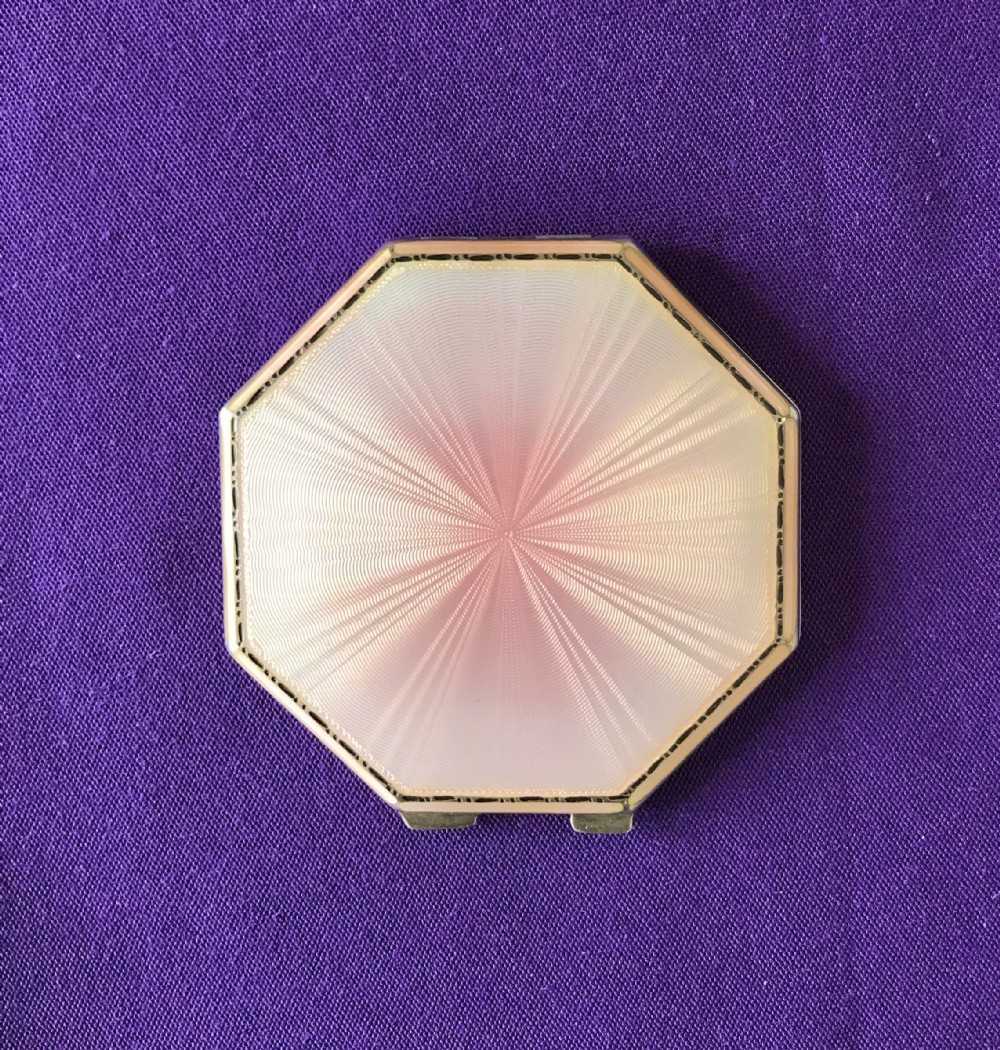 Silver Powder box, compact, with pink Guilloche  hexagon Hinged lid circa 1928