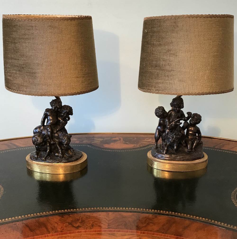 19th century pair Baccanalian bronze groups, pair of lamps. Circa  1900