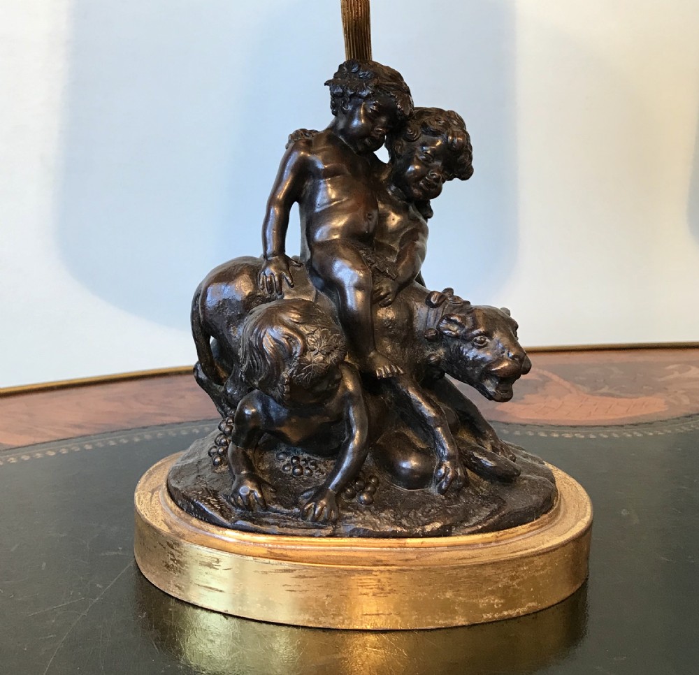 19th century pair Baccanalian bronze groups, pair of lamps. Circa  1900 View III