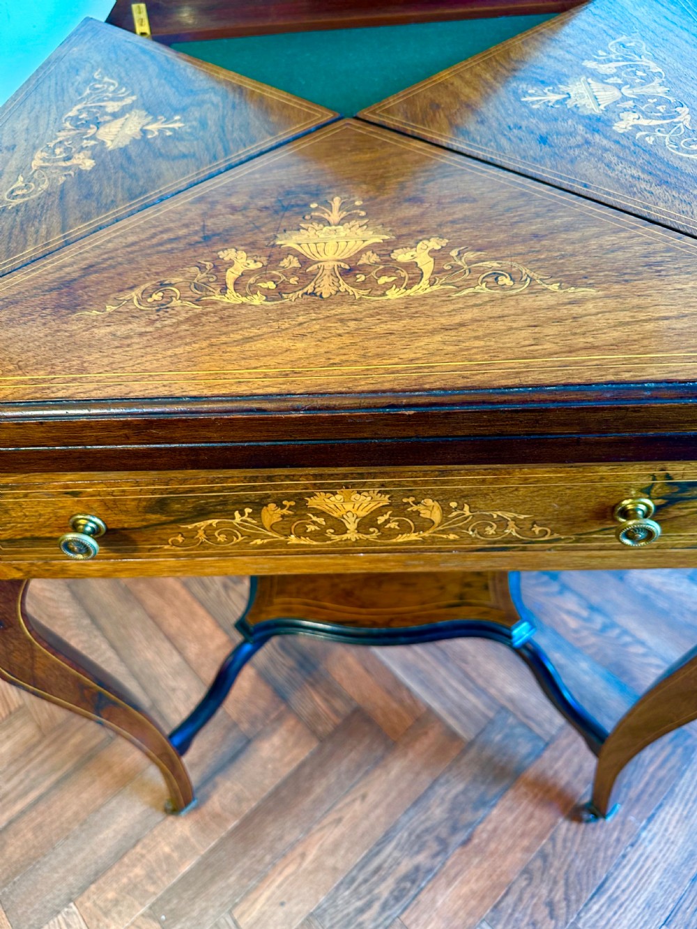Edwardian envelope card table circa 1900. Marquetry  games table View V
