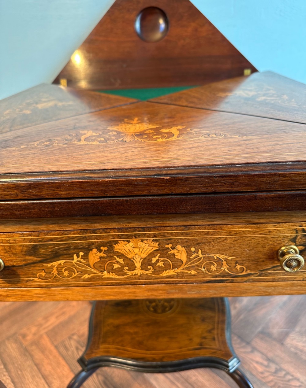 Edwardian envelope card table circa 1900. Marquetry  games table View VII