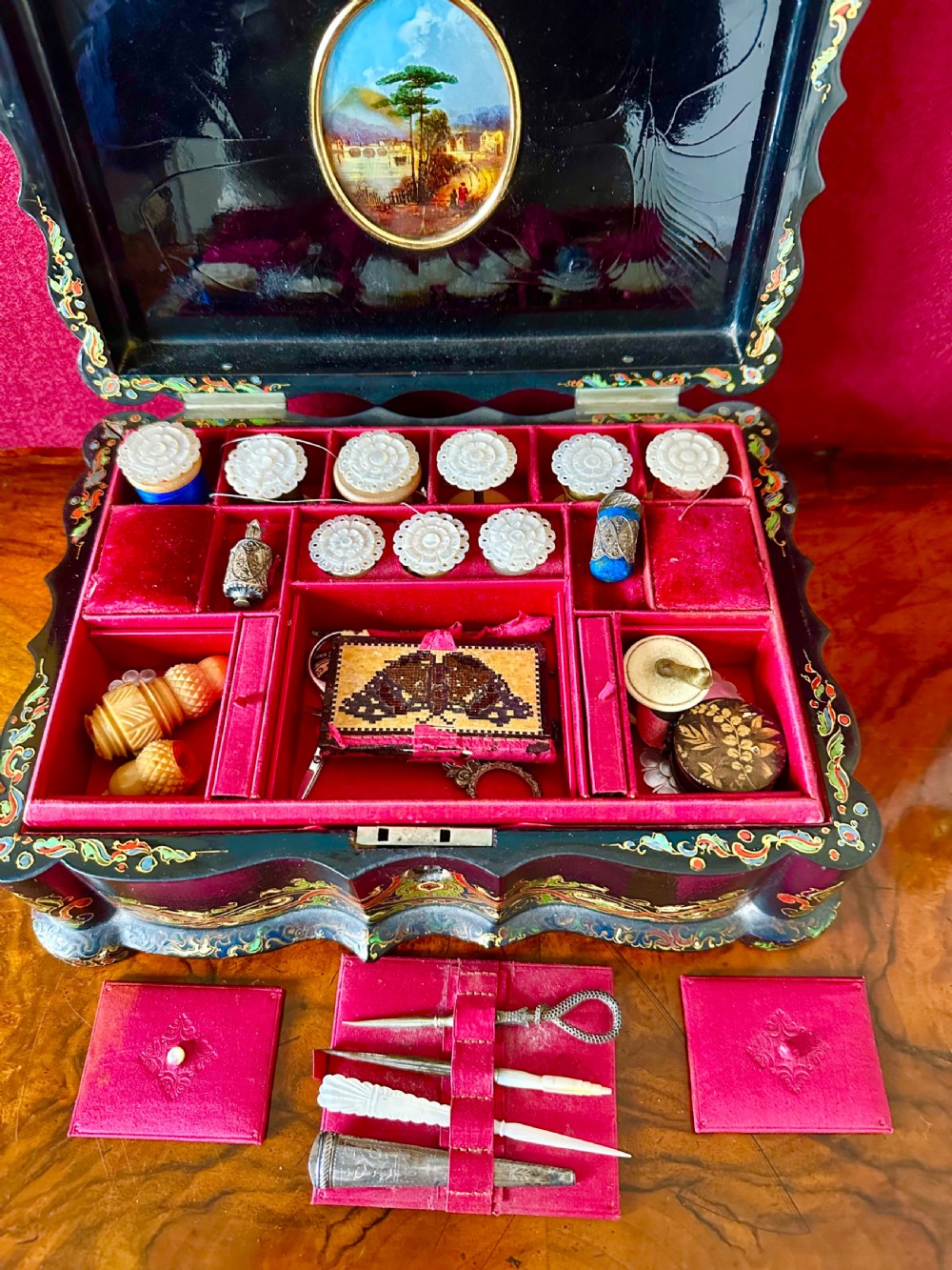 Victorian sewing/Work Box circa 1875. Papier-mache. Work  box. View VIII