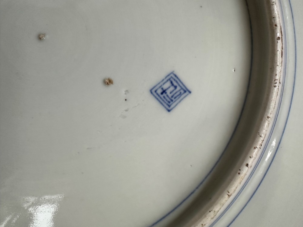 A circular Japanese Imari porcelain charger featuring cobalt blue and iron-red panelled decorations with floral motifs and phoenix figures. View IX