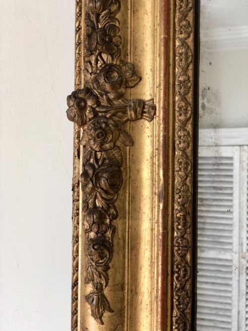 HUGE 19TH CENTURY FRENCH GILT RECTANGULAR MIRROR MERCURY GLASS - ADDITIONAL PHOTO 2