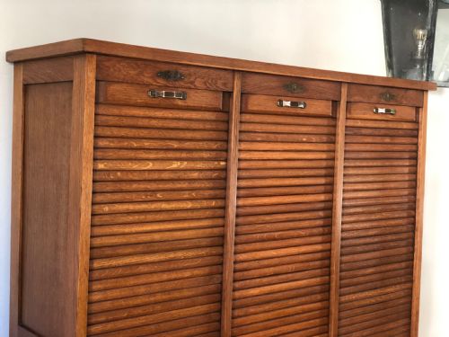 FRENCH ANTIQUE TRIPLE OAK TAMBOUR FILING CABINET - ADDITIONAL PHOTO 6