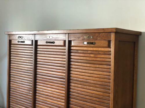 FRENCH ANTIQUE TRIPLE OAK TAMBOUR FILING CABINET - ADDITIONAL PHOTO 7