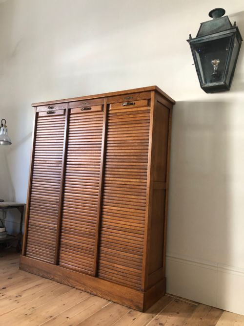 FRENCH ANTIQUE TRIPLE OAK TAMBOUR FILING CABINET - ADDITIONAL PHOTO 9