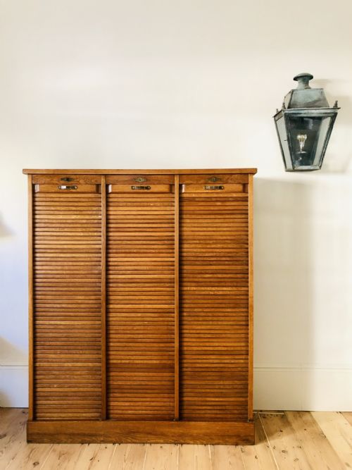 FRENCH ANTIQUE TRIPLE OAK TAMBOUR FILING CABINET - ADDITIONAL PHOTO 11