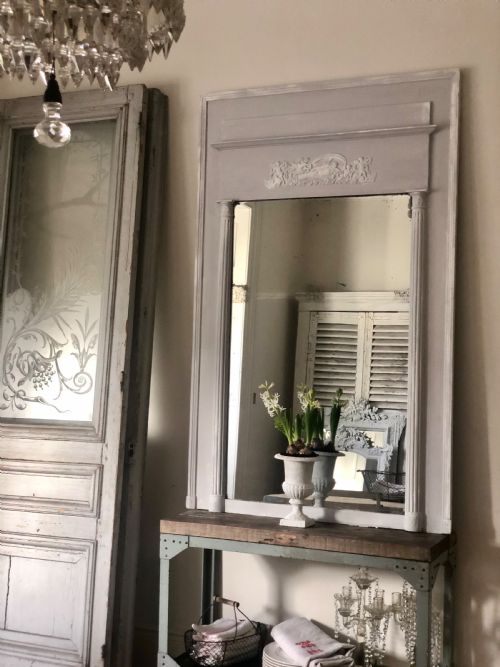 LARGE FRENCH ANTIQUE PAINTED MIRROR MERCURY GLASS - ADDITIONAL PHOTO 2