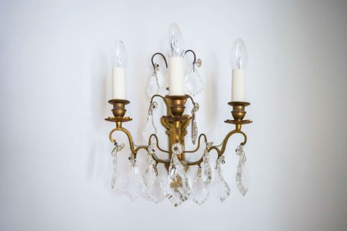 pair of antique french crystal wall lights sconces rewired - CATEGORY: ANTIQUE LIGHTING - DATED 1910