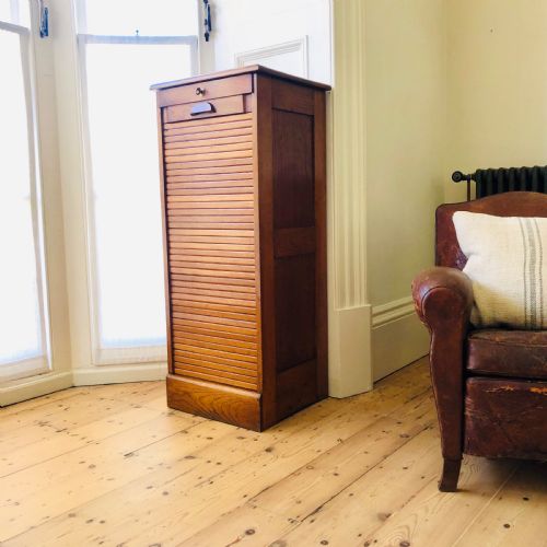 antique french oak tambour filing cabinet - CATEGORY: ANTIQUE CABINETS - DATED 1920