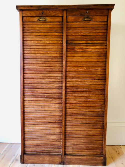 antique french oak double tambour filing cabinet - CATEGORY: ANTIQUE CABINETS - DATED 1910