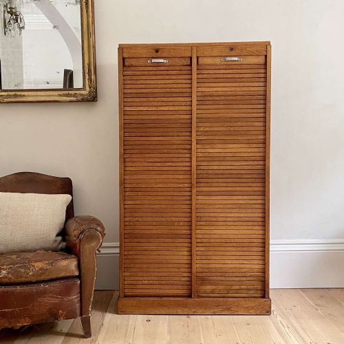 antique french oak double tambour - CATEGORY: ANTIQUE CABINETS - DATED 1920