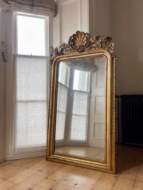 LARGE 19TH CENTURY FRENCH GILT LEANER MIRROR MERCURY GLASS - ADDITIONAL PHOTO 2