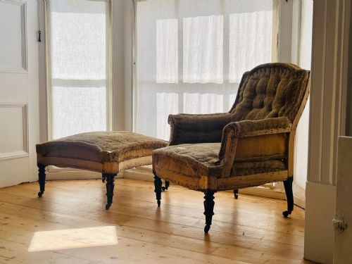 19th century french hessian armchair and footstool - CATEGORY: ANTIQUE CHAIRS - DATED 19TH CENTURY