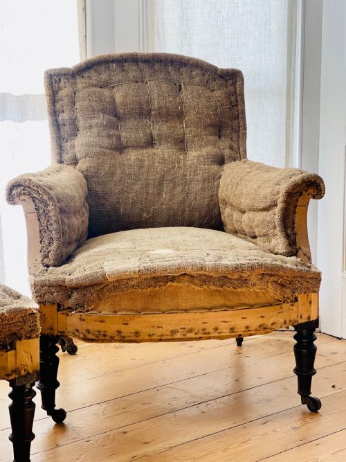 19TH CENTURY FRENCH HESSIAN ARMCHAIR AND FOOTSTOOL - ADDITIONAL PHOTO 3