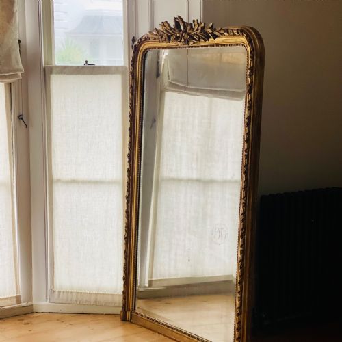 LARGE ANTIQUE FRENCH GILT LEANER MIRROR BEVELLED MERCURY GLASS - ADDITIONAL PHOTO 18