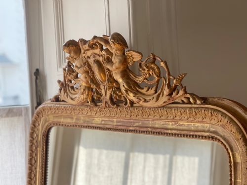 LARGE ANTIQUE FRENCH GILT CHERUB MIRROR - ADDITIONAL PHOTO 1