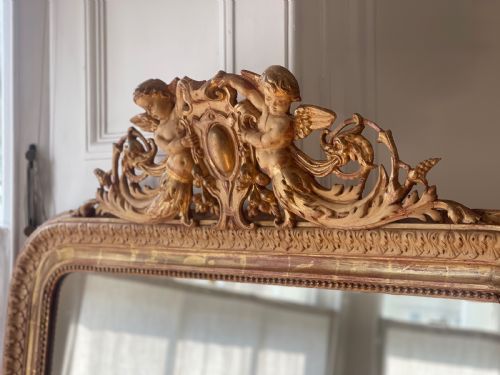 LARGE ANTIQUE FRENCH GILT CHERUB MIRROR - ADDITIONAL PHOTO 2