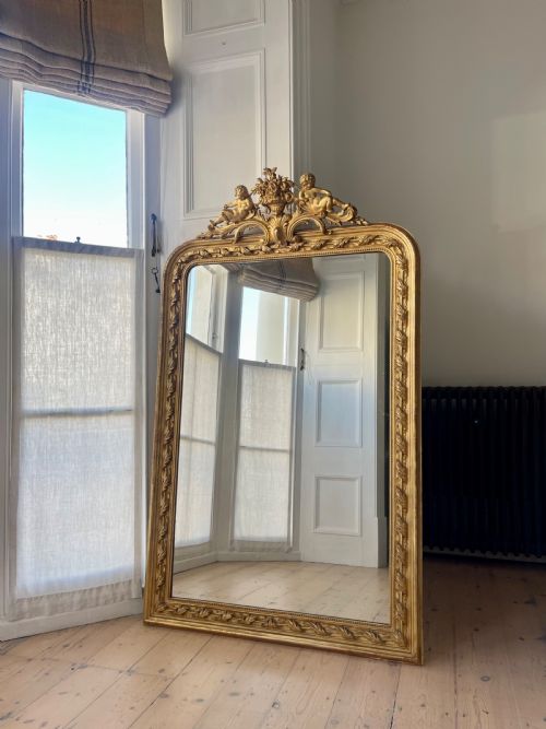 LARGE ANTIQUE FRENCH GILT MIRROR OVERMANTEL - ADDITIONAL PHOTO 1